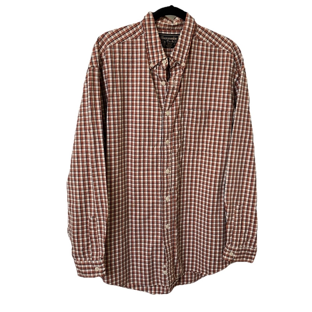 Abercrombie & Fitch Mens Plaid Button Down Shirt Orange Navy Blue Cotton Large
